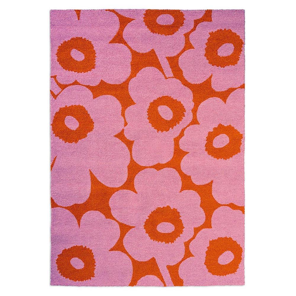 Marimekko Unikko Pink Orange Outdoor Rug featuring pink floral pattern on orange background, machine-made polypropylene