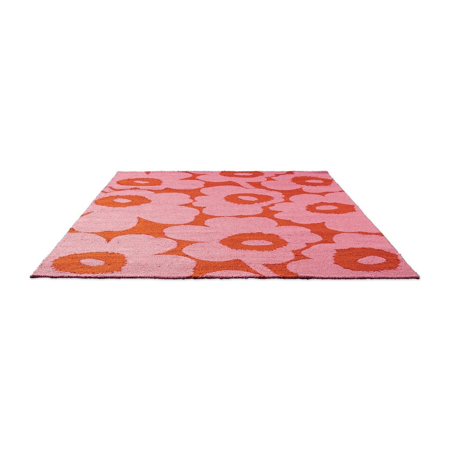 Marimekko Unikko Outdoor Rug featuring pink and orange floral pattern on white background, power-loomed polypropylene
