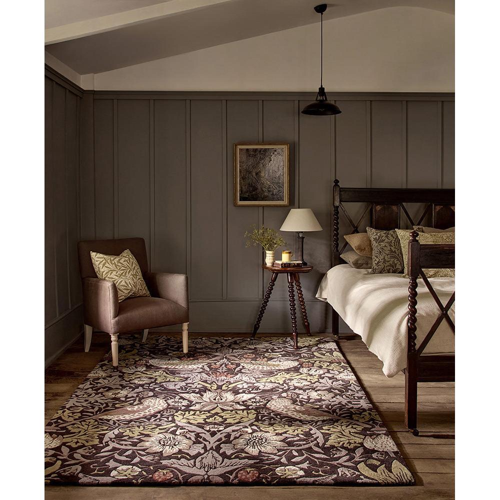 Morris & Co Strawberry Thief Grape Rug featuring floral damask pattern in grape, cream, sage-green, burgundy on charcoal background, hand-tufted wool