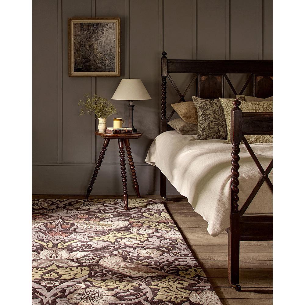Morris & Co Strawberry Thief rug featuring botanical floral pattern in plum, mauve, cream on taupe background, hand-tufted wool