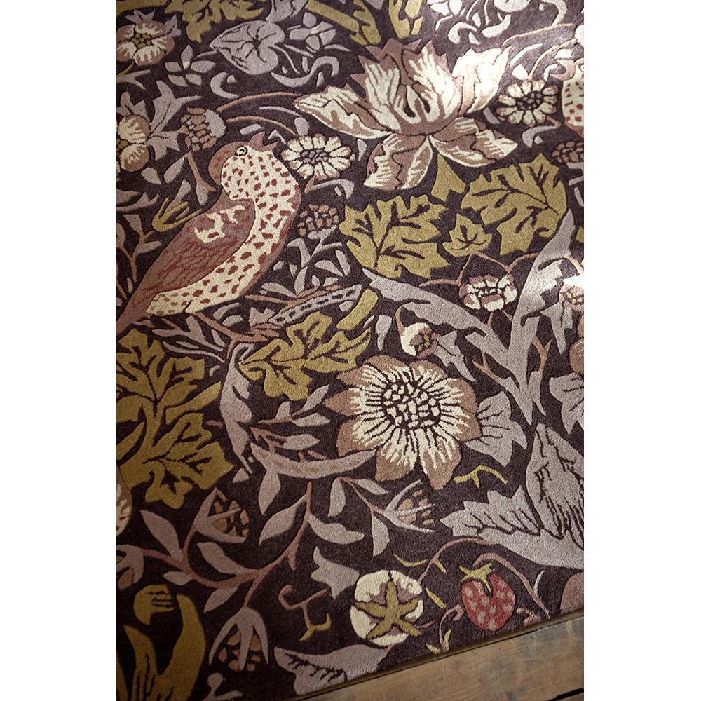 Morris & Co Strawberry Thief rug by Brink & Campman featuring botanical pattern in grape, olive, cream and beige on plum background, hand-tufted wool