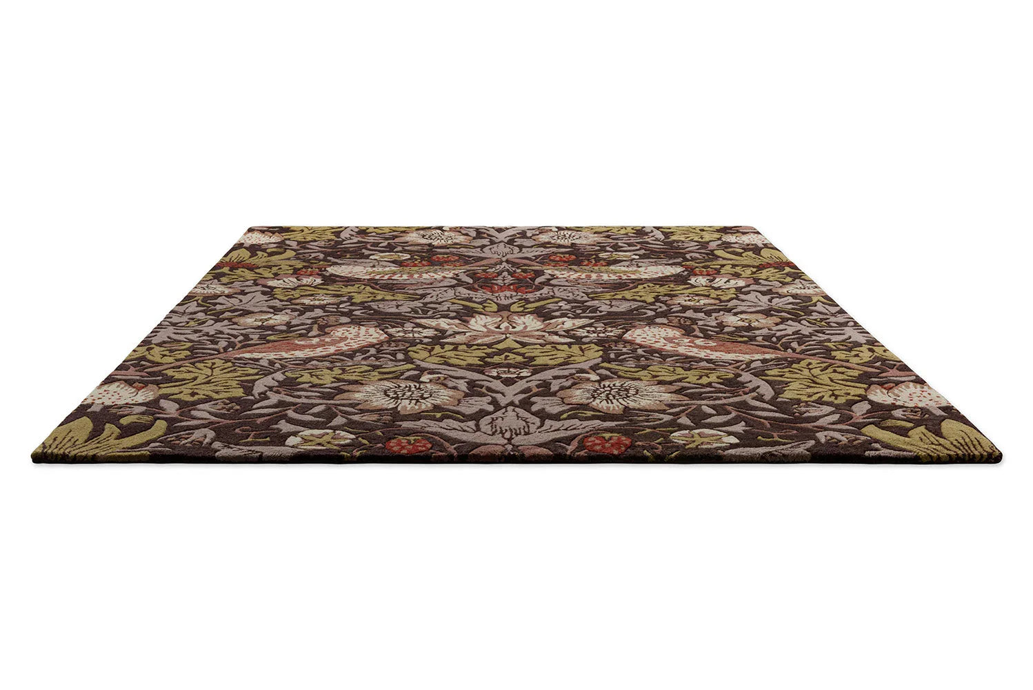Morris & Co Strawberry Thief rug featuring botanical floral pattern in brown, olive, cream and red on beige background, hand-tufted wool