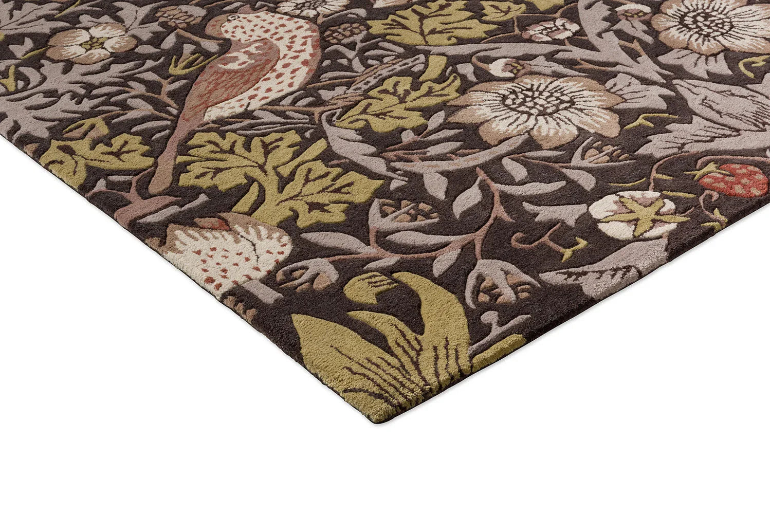 Morris & Co Strawberry Thief rug featuring botanical floral pattern with birds in olive green, cream, beige on chocolate brown, machine-woven wool