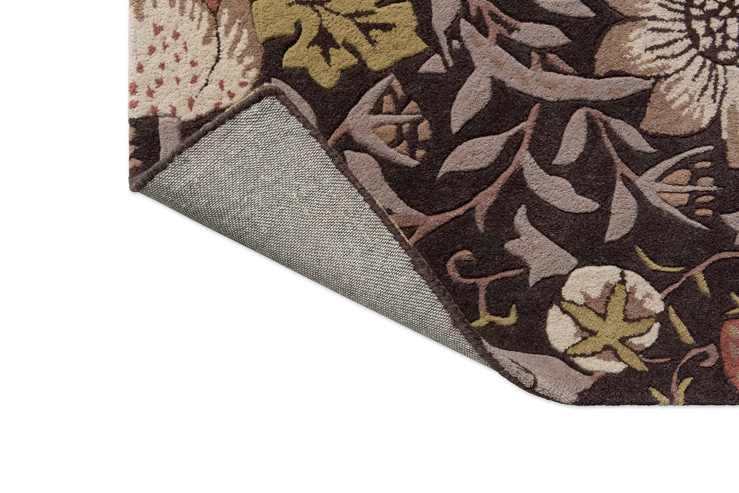 Morris & Co Strawberry Thief Grape Rug featuring floral pattern in grape, olive, cream and taupe on dark brown background, hand-tufted wool