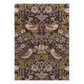 Morris and Co Strawberry Thief Grape hand-tufted wool rug featuring William Morris iconic 1883 design with symmetrical thrushes stealing strawberries in grape purple, olive green, rust, and taupe on deep chocolate brown ground
