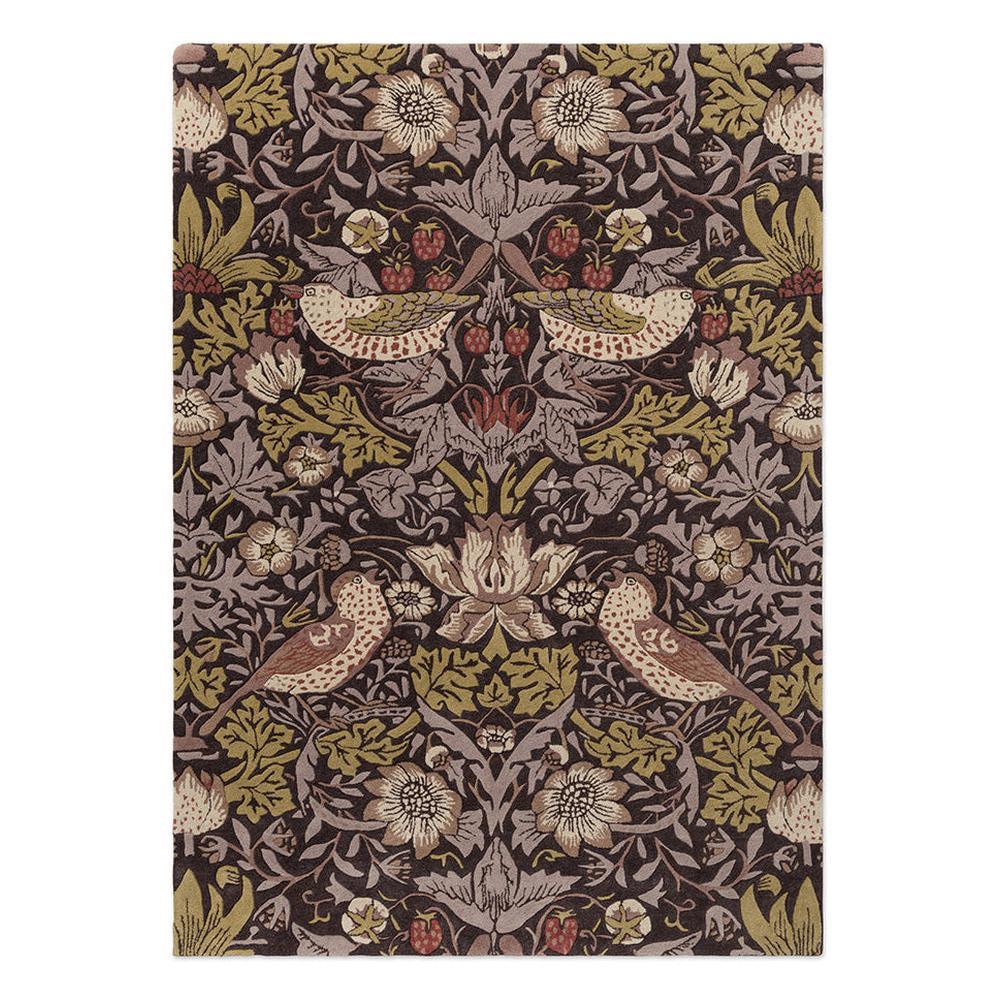 Morris and Co Strawberry Thief Grape hand-tufted wool rug featuring William Morris iconic 1883 design with symmetrical thrushes stealing strawberries in grape purple, olive green, rust, and taupe on deep chocolate brown ground
