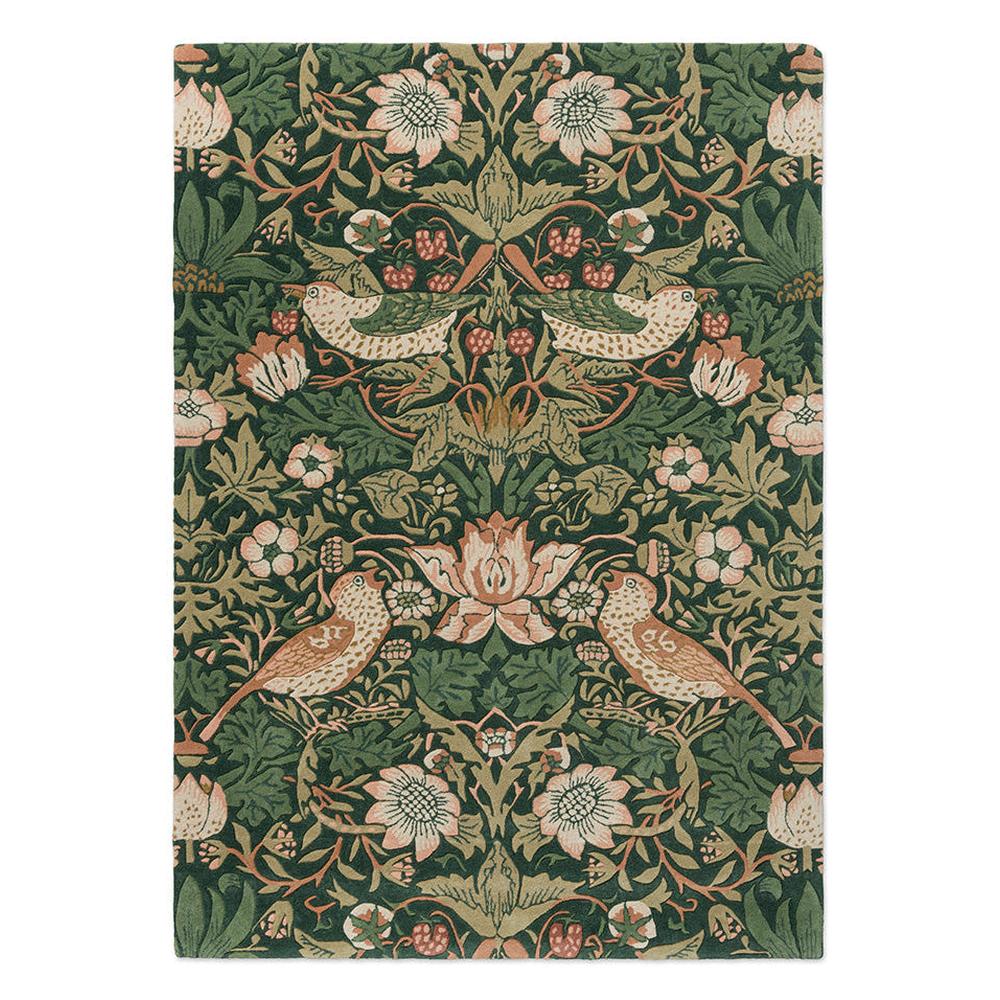 Morris and Co Strawberry Thief Forest hand-tufted wool rug featuring William Morris iconic 1883 design with symmetrical thrushes stealing strawberries in deep forest green, coral red, soft pink, and golden tan
