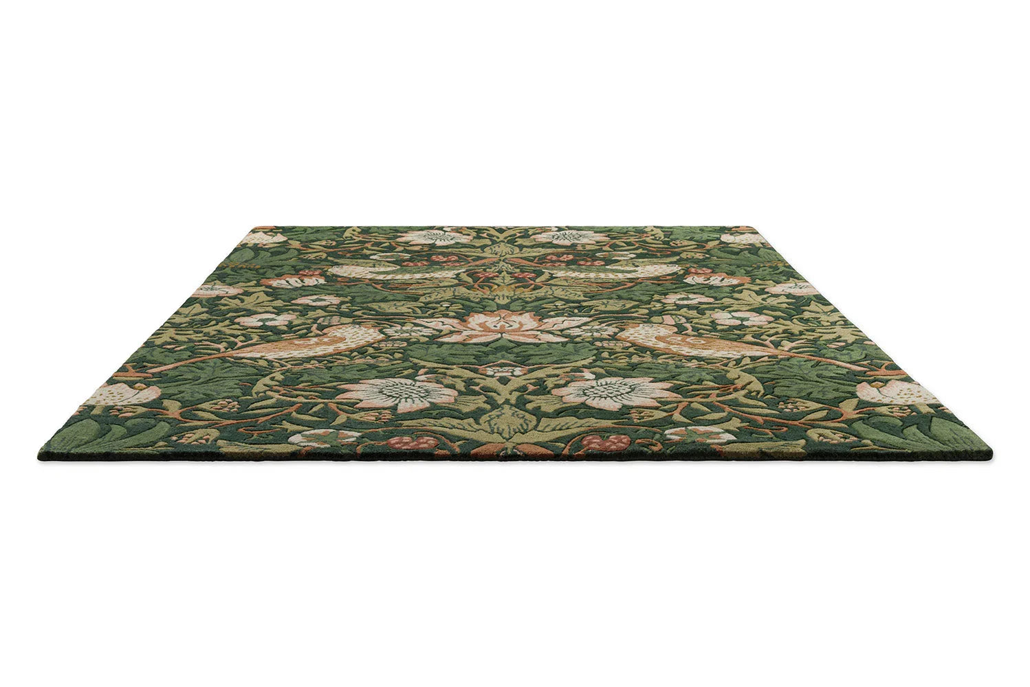 Morris & Co Strawberry Thief Forest Rug featuring botanical floral pattern in forest green, olive and cream on dark green, hand-tufted wool