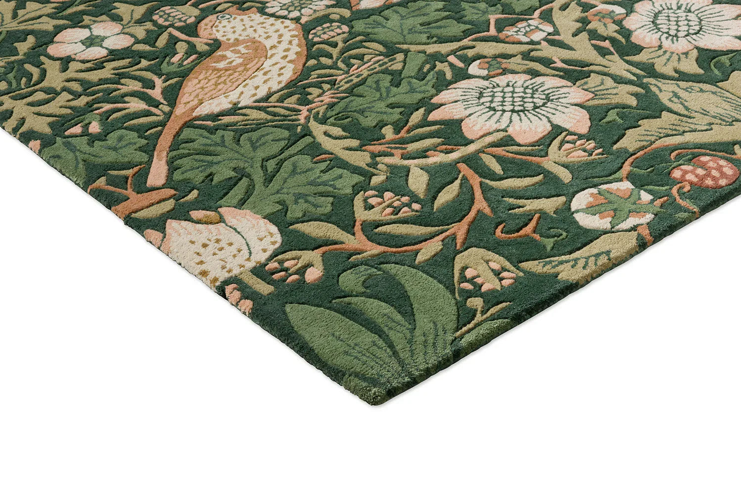 Morris & Co Strawberry Thief Forest Rug featuring botanical floral pattern with a bird motif in dark green, sage, cream on moss green, hand-tufted wool