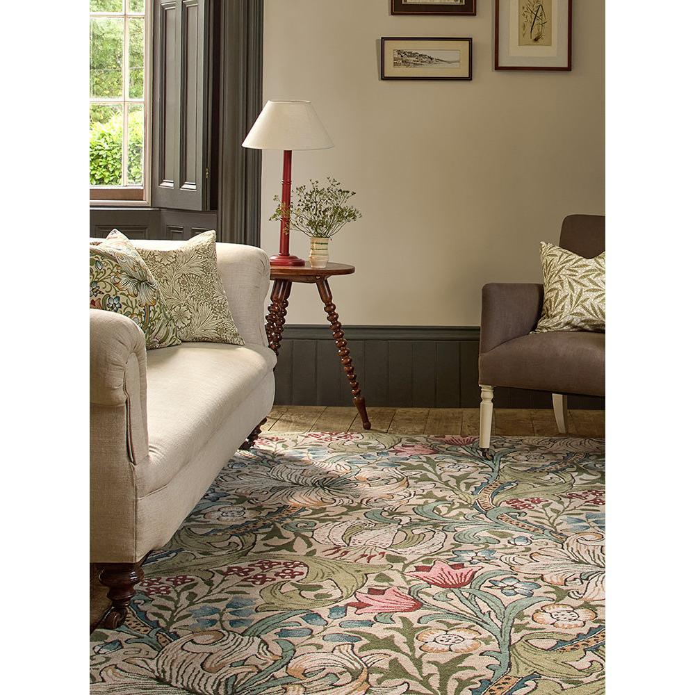 Morris & Co Golden Lily Green - Red Rug featuring botanical floral pattern in green, red, pink on ivory background, hand-tufted wool