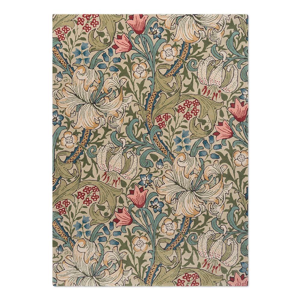 Morris and Co Golden Lily Green Red hand-tufted wool rug featuring John Henry Dearle 1899 design with entwined lily stems and tendrils in diagonal arrangement in sage green, coral red, soft pink, golden yellow, and cream
