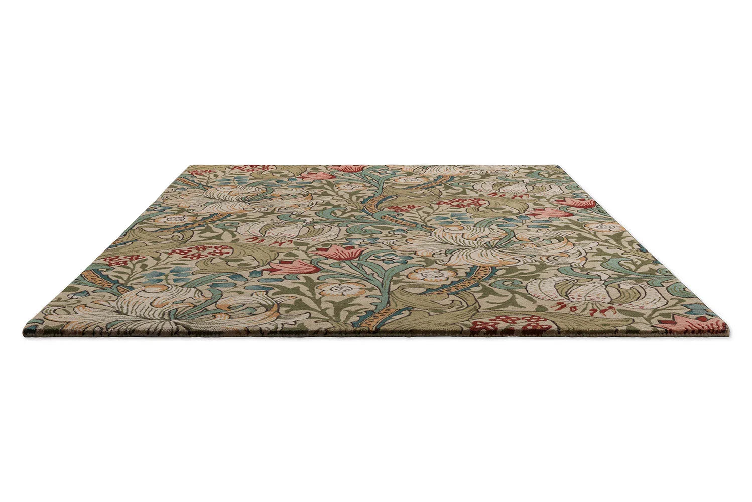 Morris & Co Golden Lily Green - Red Designer Rug featuring botanical floral pattern in emerald green, sage, cream, red on beige, hand-tufted wool
