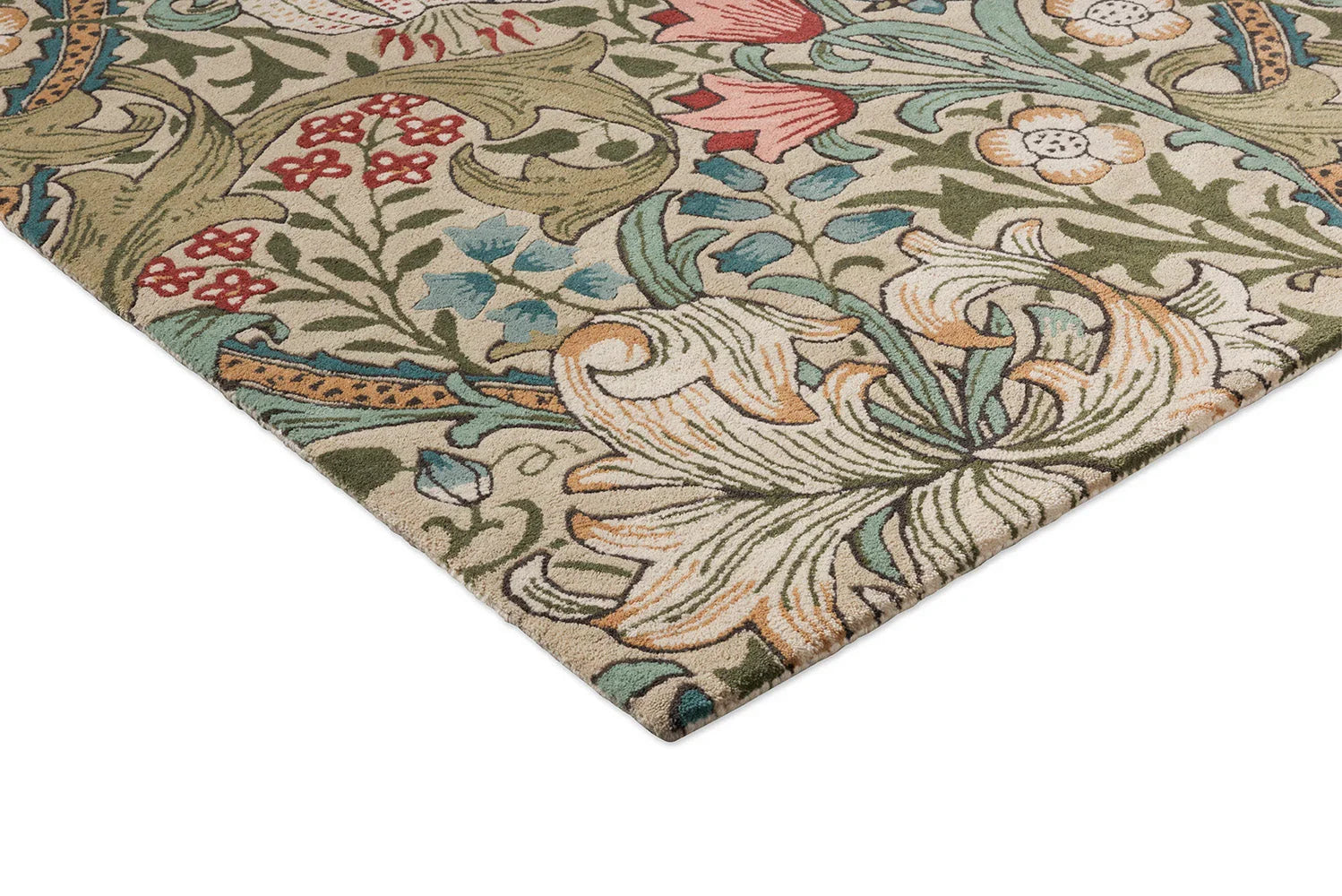 Morris & Co Golden Lily Green - Red Designer Rug featuring floral ornamental pattern in cream, olive green, teal and red on cream background, hand-tufted wool