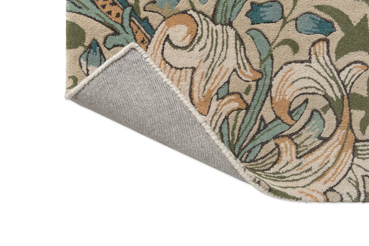 Morris & Co Golden Lily Green - Red Designer Rug featuring botanical floral pattern in olive green, sage, teal, orange on cream background, hand-tufted wool