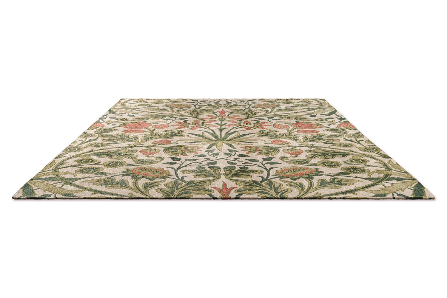 Morris & Co Hyacinth Natural Designer Rug featuring botanical floral pattern in sage green, olive, dusty pink, cream on natural beige background, hand-tufted wool