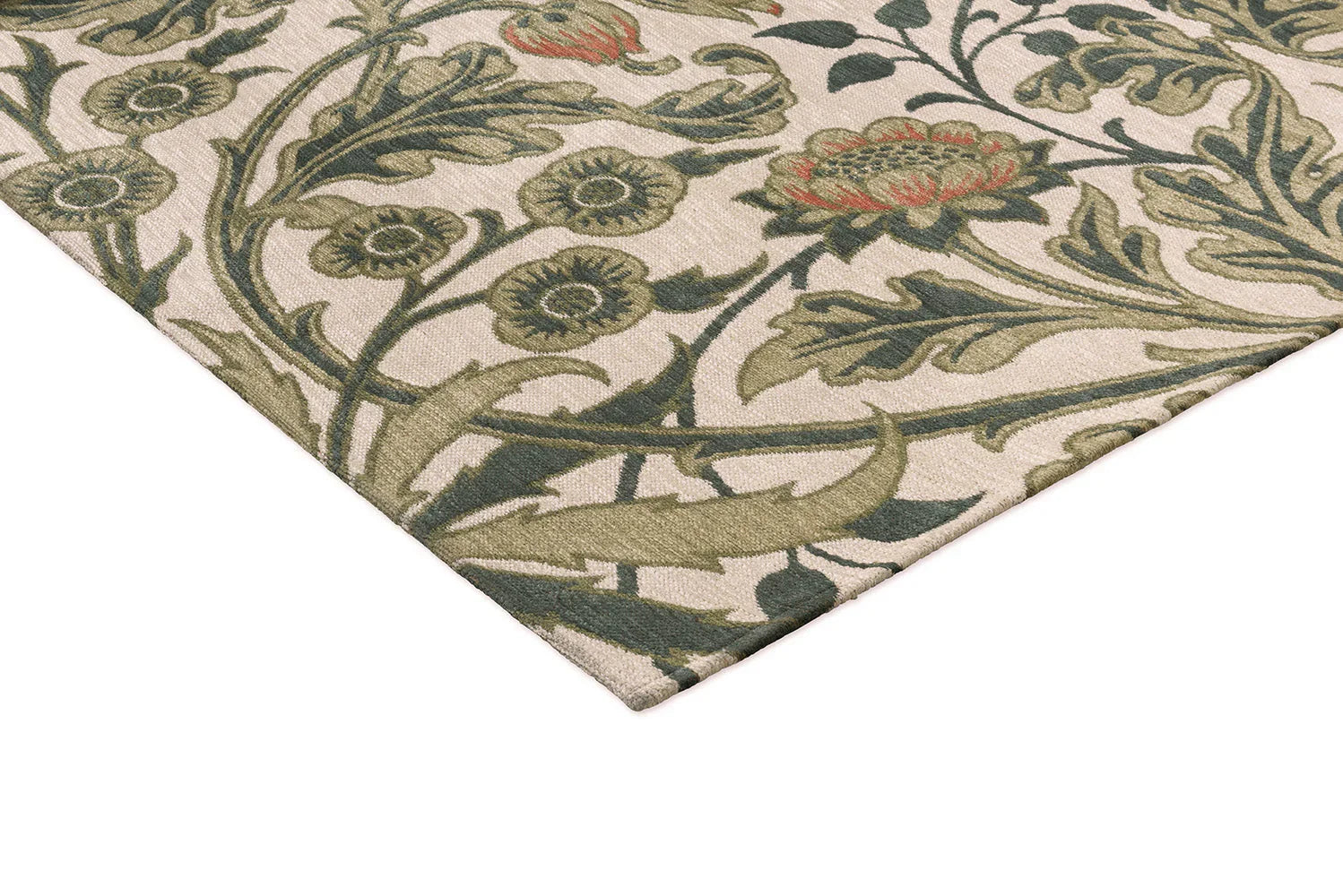 Morris & Co Hyacinth Natural Rug featuring botanical floral pattern in sage green, olive and cream on natural background, hand-tufted wool