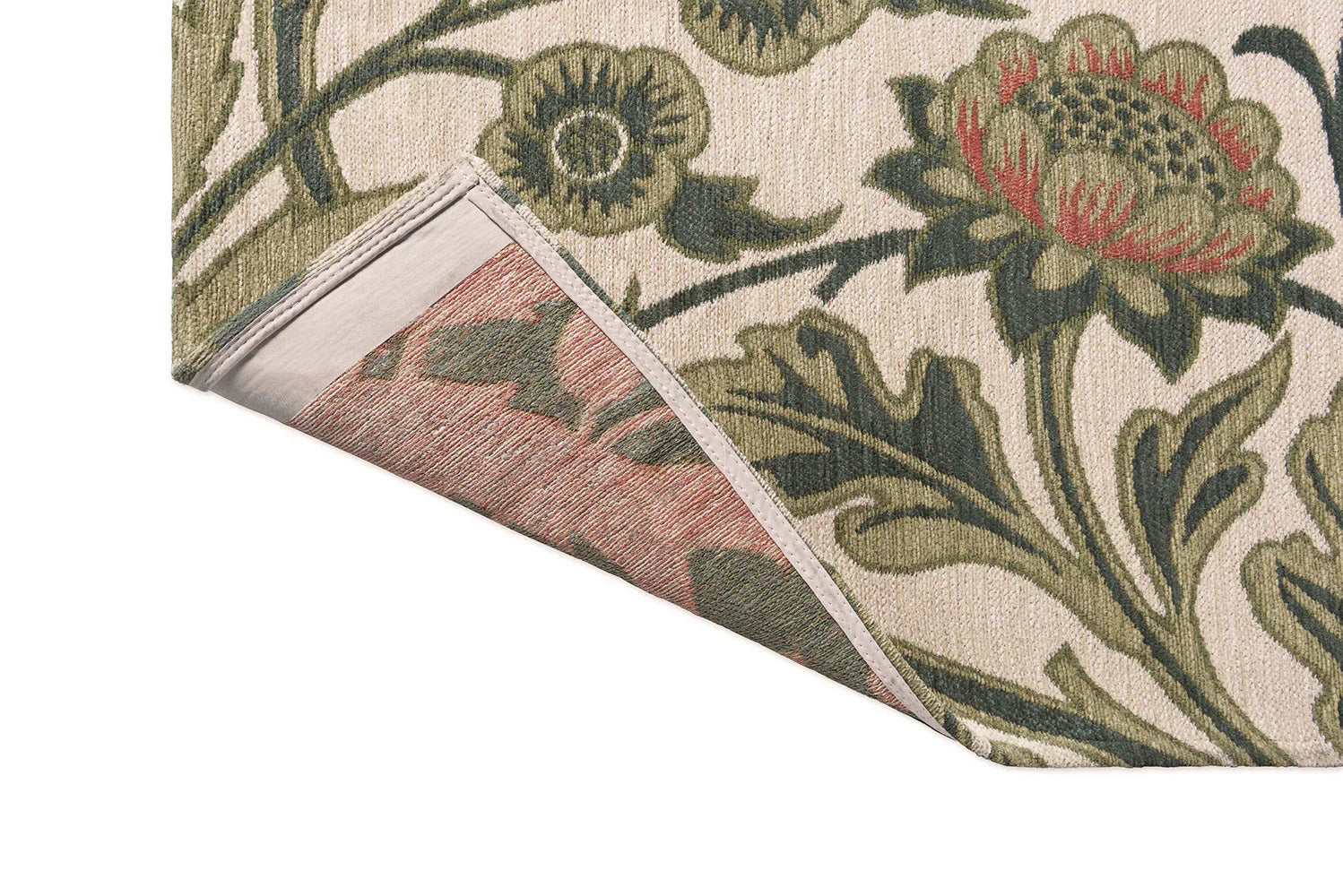 Morris & Co Hyacinth Natural Designer Rug featuring botanical floral pattern in olive green, sage, cream on cream background, hand-tufted wool