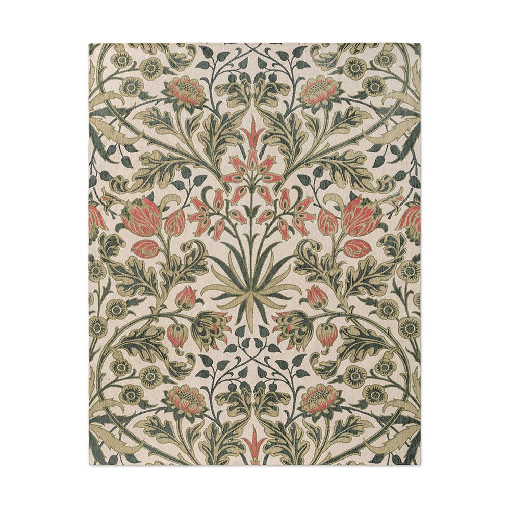 Morris and Co Hyacinth Natural jacquard woven rug featuring William Morris circa 1900-1912 symmetrical botanical design with acanthus leaves, tulips, and hyacinth blooms in coral pink, sage green, golden tan, and charcoal grey on cream background
