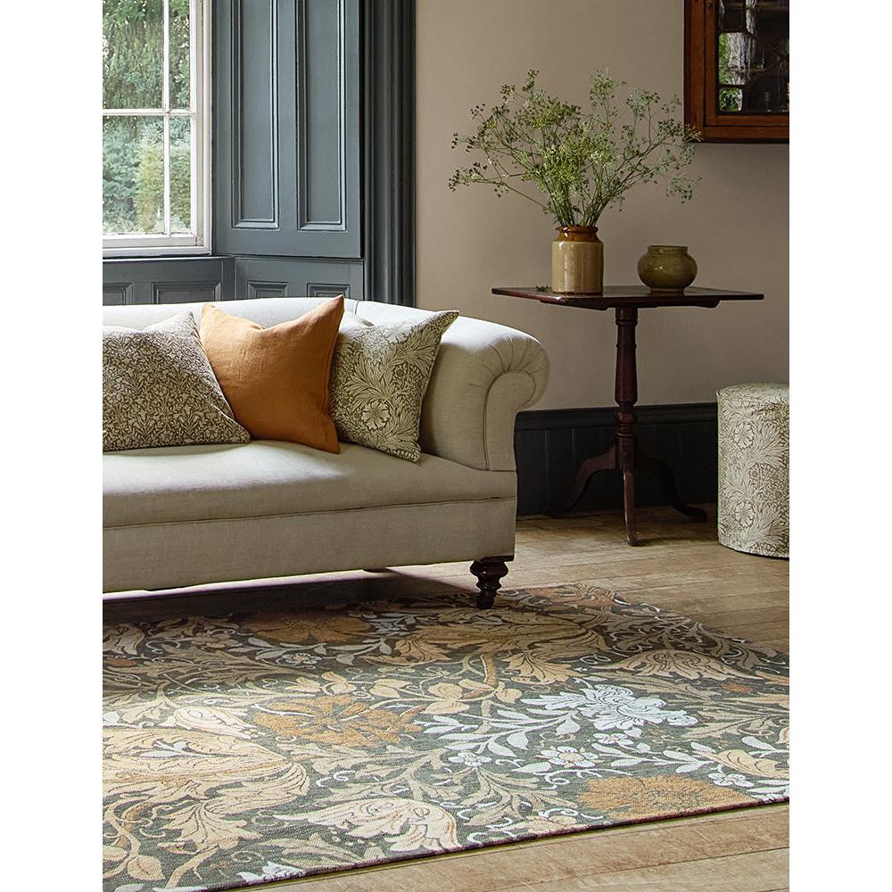 Morris & Co Compton Trellis Designer Rug featuring botanical trellis pattern in sage green, dusty blue, cream and taupe on ivory background, hand-tufted wool
