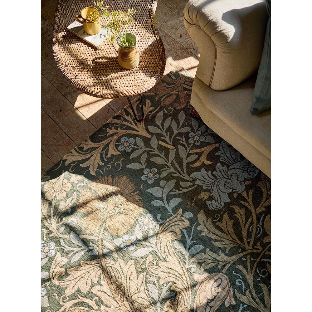 Morris & Co Compton Trellis rug featuring botanical trellis pattern in sage-green, cream, beige and taupe on deep olive background, hand-tufted wool