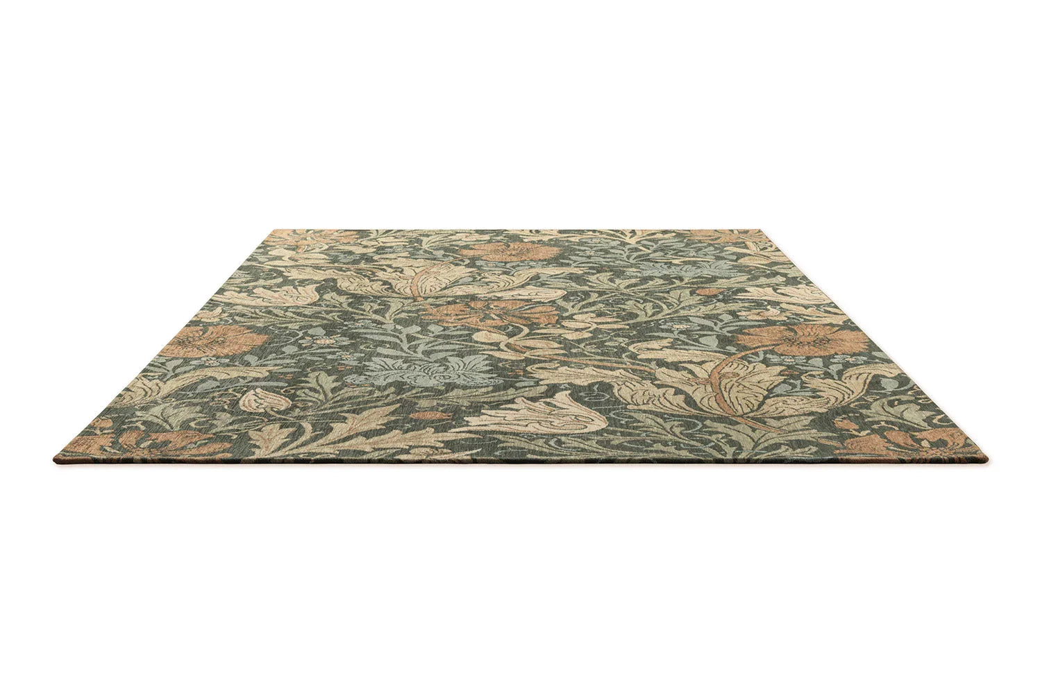 Morris & Co Compton Trellis Rug featuring trellis pattern in moss green, sage, beige and rust on muted teal background, hand-tufted wool