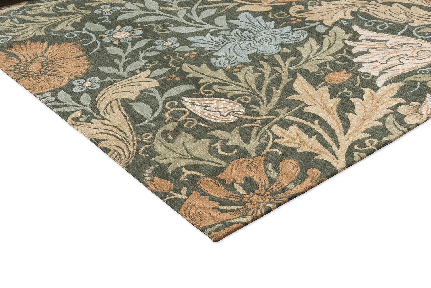 Morris & Co Compton Trellis rug featuring floral trellis in olive green, sage, taupe and terracotta on a muted olive ground, hand-tufted wool