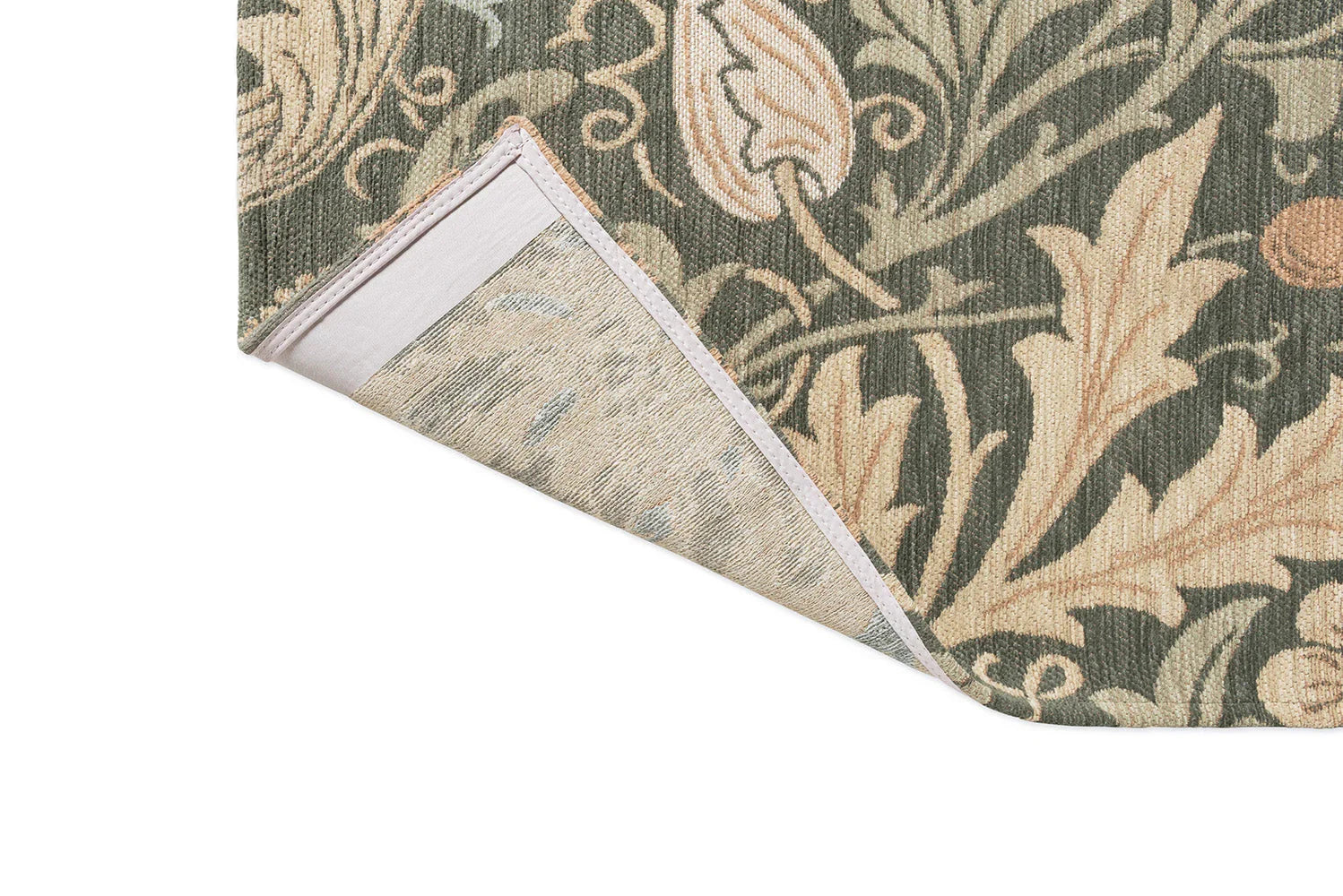 Morris & Co Compton Trellis rug featuring botanical trellis in sage-green, beige and ivory on dark green background, hand-tufted wool