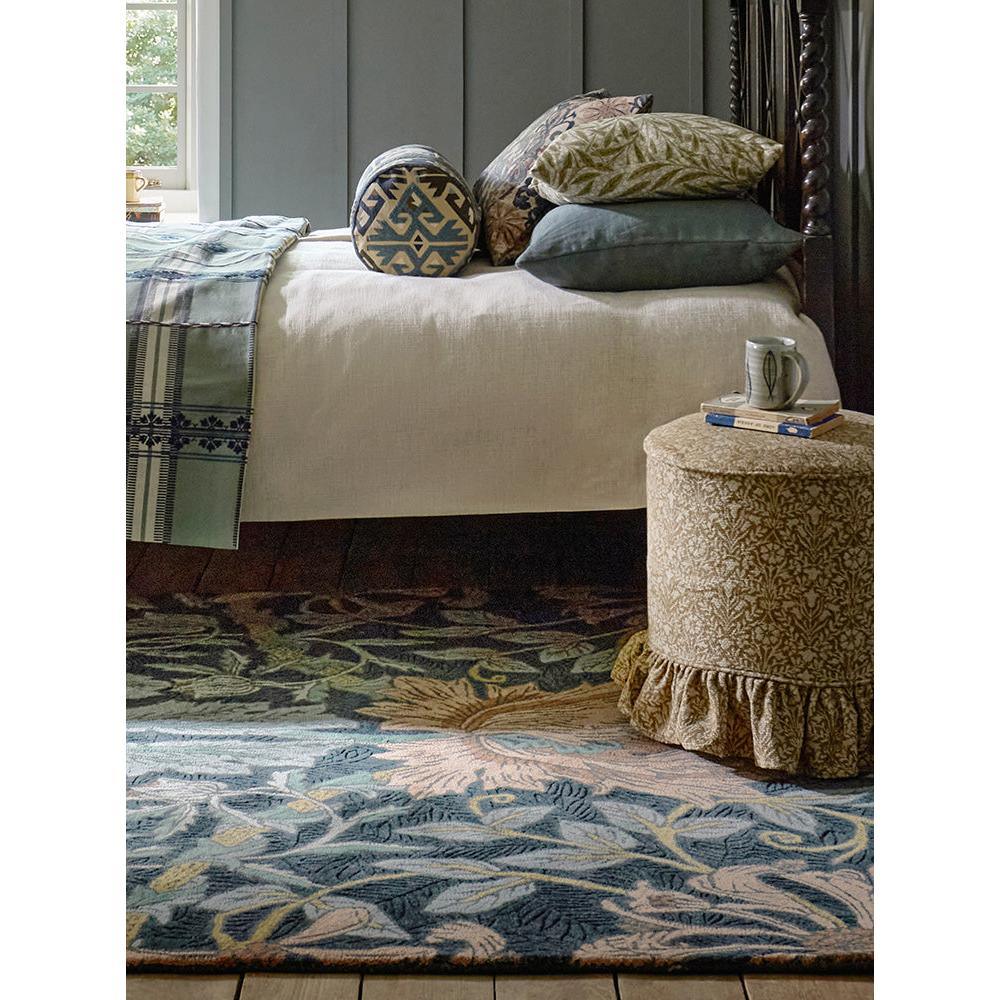 Morris & Co Honeysuckle & Tulip Teal Designer Rug featuring botanical floral pattern in teal, sage green, blush pink and cream on beige background, hand-tufted wool