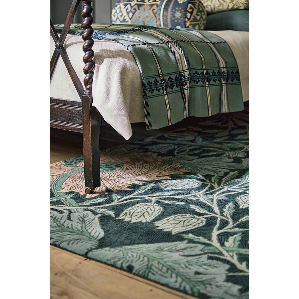 Morris & Co Honeysuckle & Tulip Teal Rug featuring botanical leaf pattern in teal, emerald and ivory on teal background, hand-tufted wool