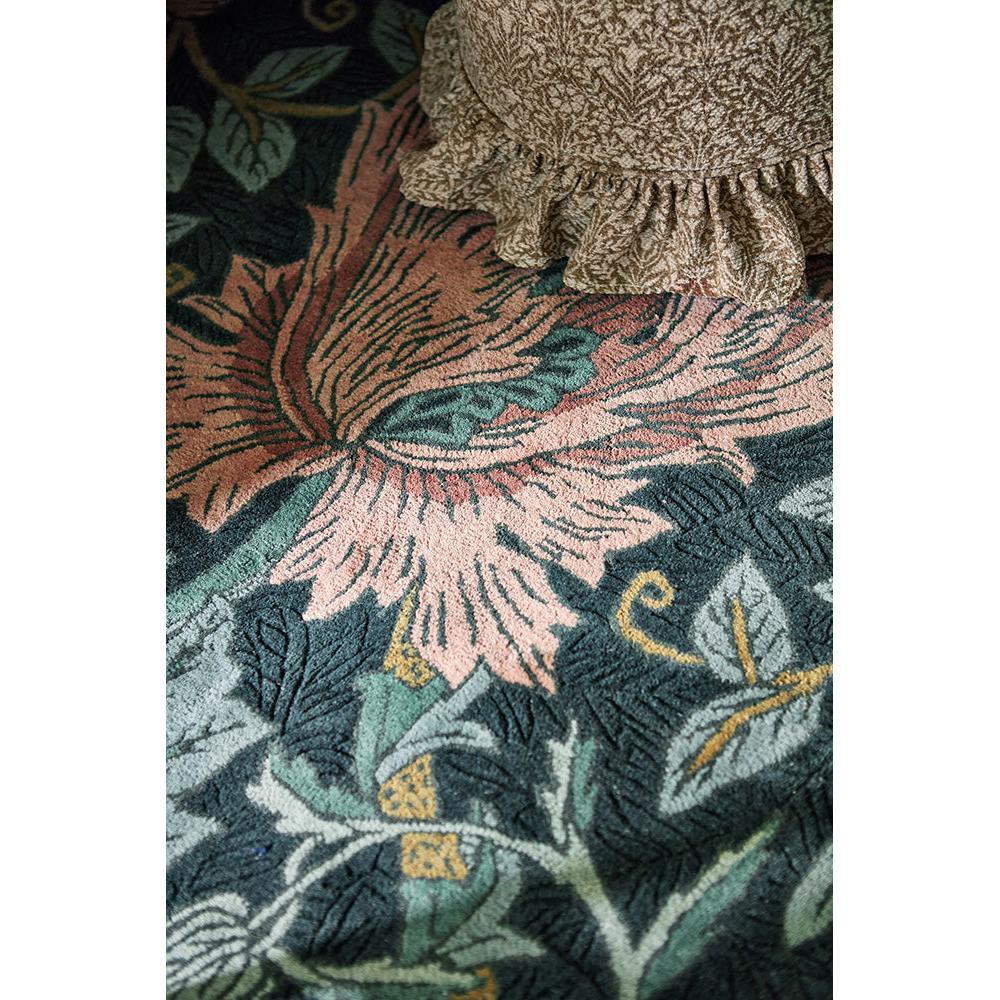 Morris & Co Honeysuckle & Tulip Teal Rug featuring botanical floral in pink blush, teal and olive on deep navy, hand-tufted wool