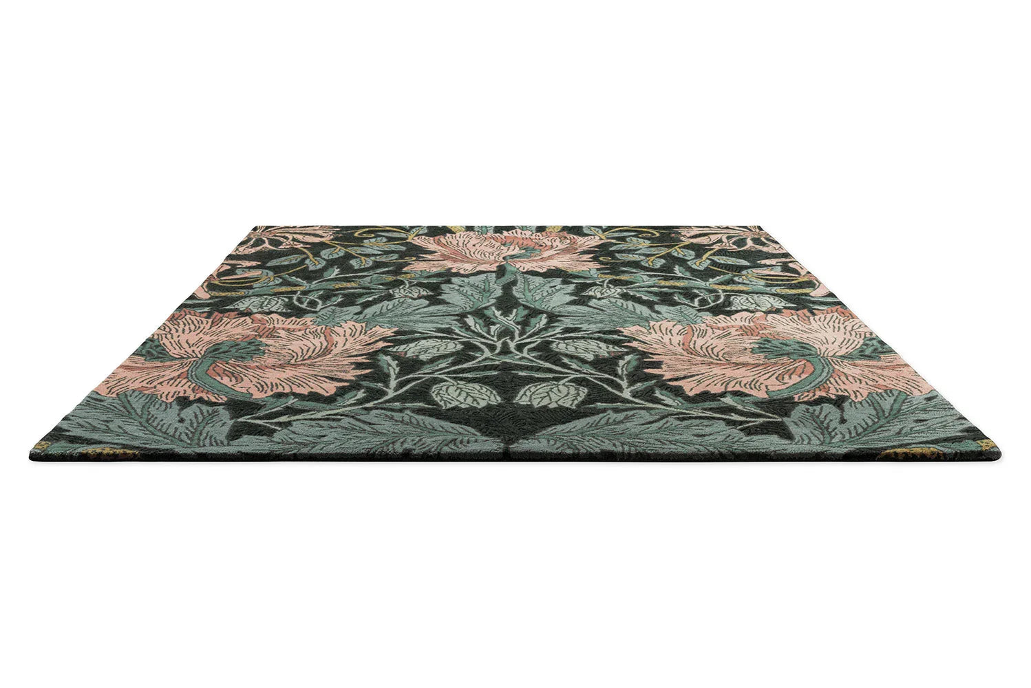 Morris & Co Honeysuckle & Tulip Teal Rug featuring botanical floral pattern in blush pink, teal, sage-green and charcoal on dark background, hand-tufted wool