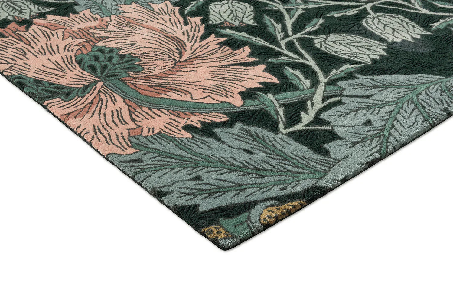 Morris & Co Honeysuckle & Tulip Teal Designer Rug featuring floral pattern in dusty pink, teal, sage-green and grey on dark teal background, machine-woven wool