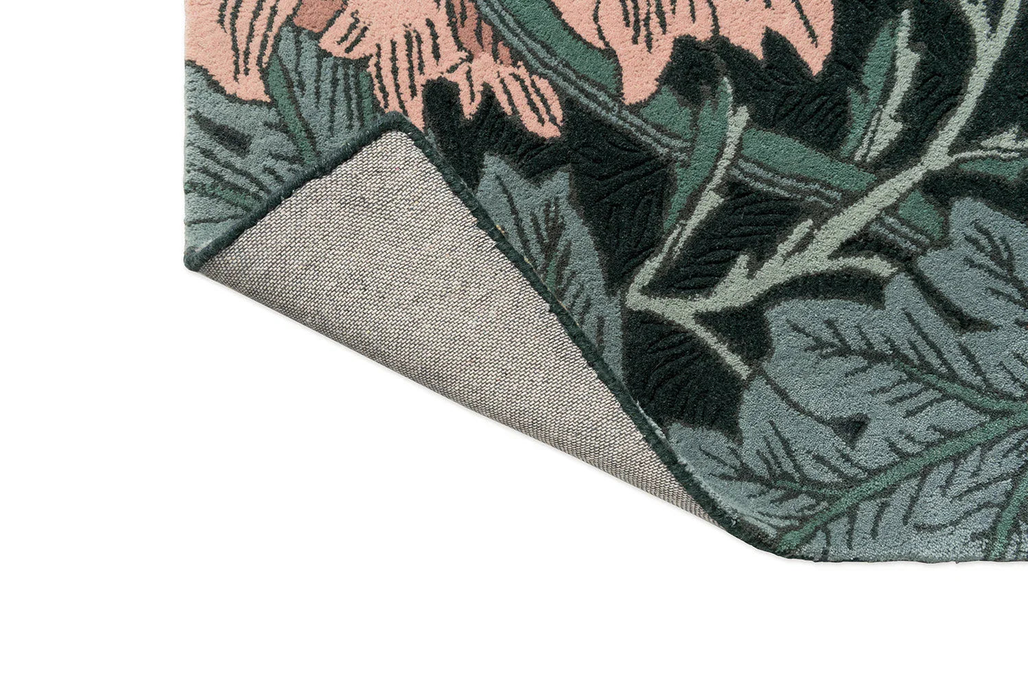 Morris & Co Honeysuckle & Tulip Teal Rug featuring botanical floral pattern in peach pink, teal and sage on beige backing, hand-tufted wool