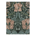 Morris and Co Honeysuckle and Tulip Teal hand-tufted wool rug featuring William Morris 1876 design with entwined honeysuckle and tulip blooms in vibrant teal, soft blush pink, cream, and golden tan
