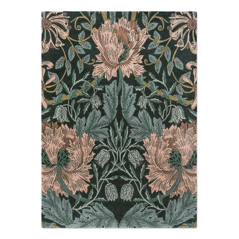 Morris and Co Honeysuckle and Tulip Teal hand-tufted wool rug featuring William Morris 1876 design with entwined honeysuckle and tulip blooms in vibrant teal, soft blush pink, cream, and golden tan
