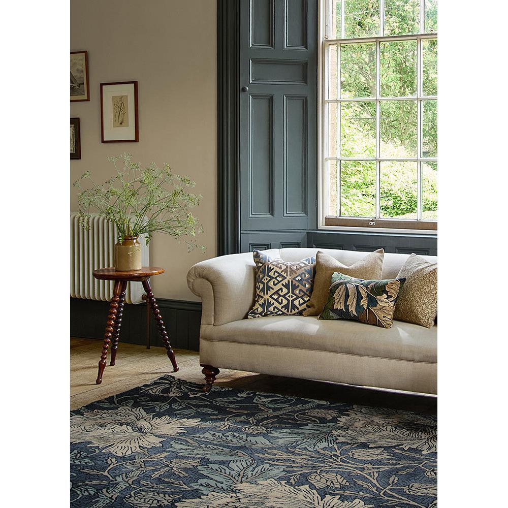 Morris & Co Honeysuckle & Tulip rug featuring botanical motif in navy blue and cream on navy background, machine-woven wool