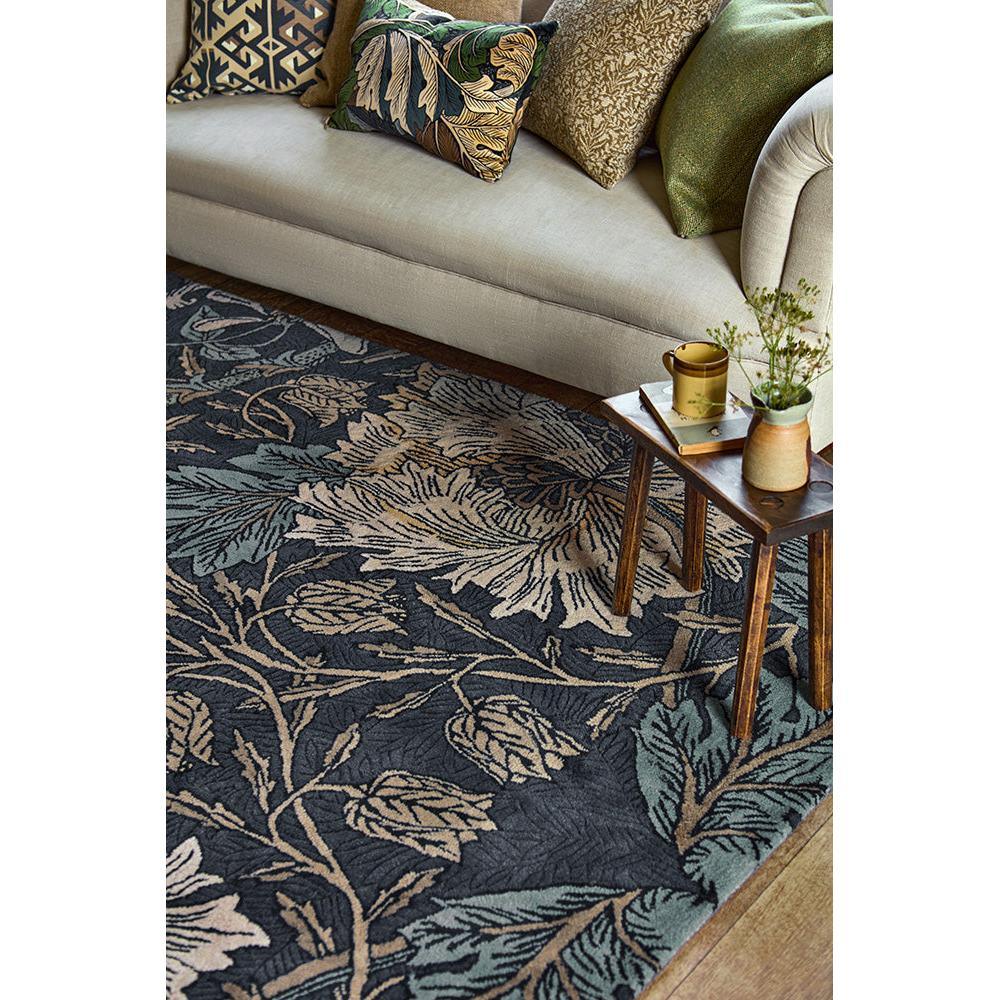 Morris & Co Honeysuckle & Tulip Woad Thyme Rug featuring botanical floral pattern in navy, cream and sage teal on ivory, hand-tufted wool