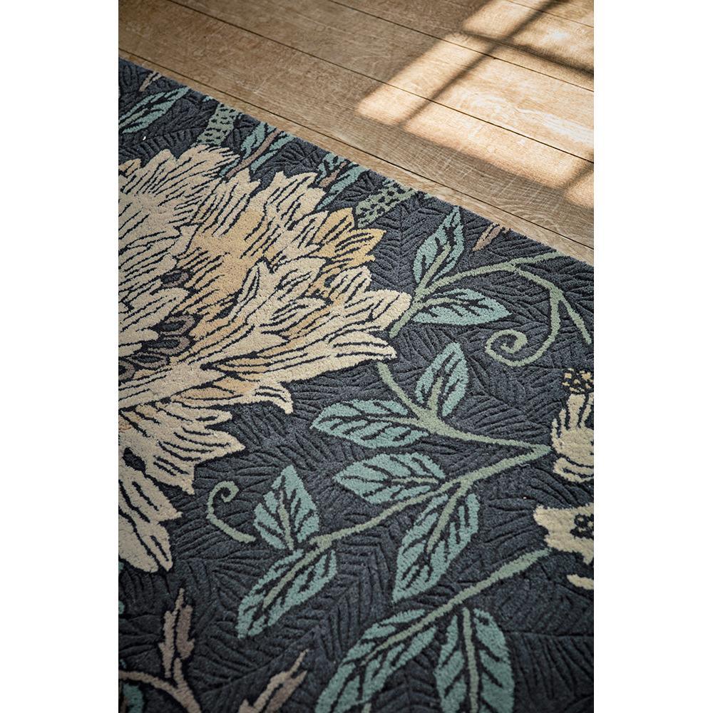 Honeysuckle & Tulip Rug by Morris & Co featuring botanical pattern in navy, cream and teal on cream background, hand-tufted wool