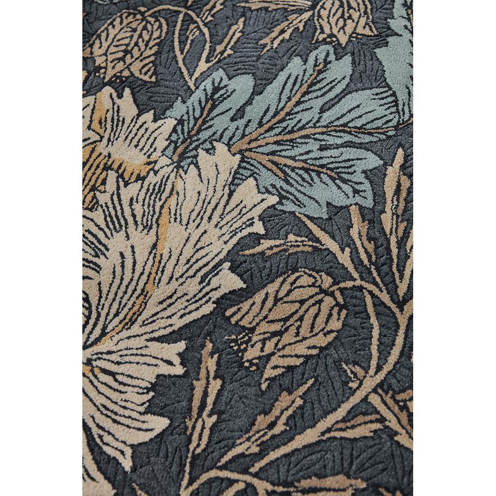 Morris & Co Honeysuckle & Tulip Woad Thyme Designer Rug featuring botanical floral pattern in deep navy, beige and sage on charcoal background, hand-tufted wool