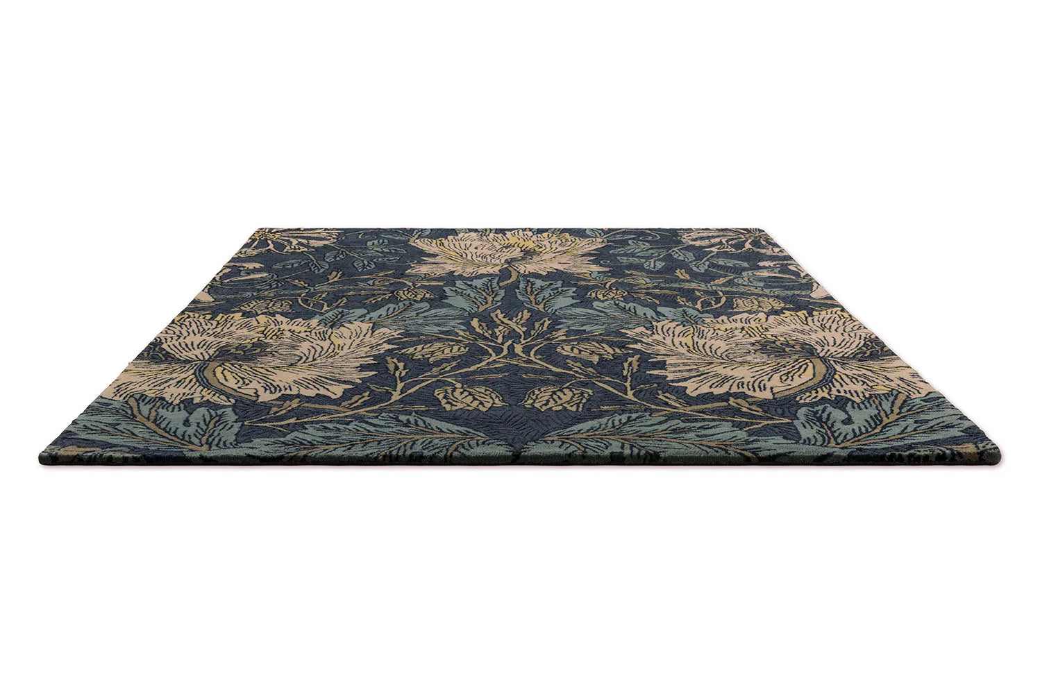 Morris & Co Honeysuckle & Tulip rug featuring botanical pattern in navy, cream, teal and sage on deep indigo, hand-tufted wool