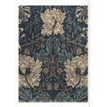 Morris and Co Honeysuckle and Tulip Woad Thyme hand-tufted wool rug featuring William Morris 1876 design with entwined honeysuckle and tulip blooms in deep navy woad, soft sage thyme, cream, and golden tan
