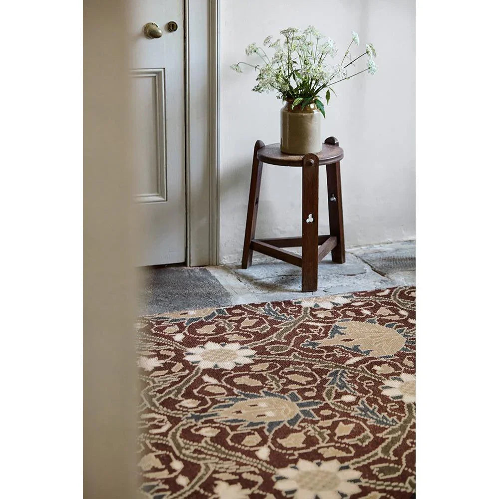 Morris & Co Montreal Russet Rug featuring ornate floral pattern in russet, cream and ivory on warm beige, machine-woven wool