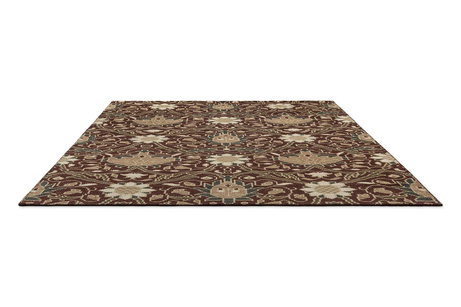 Morris & Co Montreal Russet Rug featuring ornate floral pattern in burgundy, cream and beige on russet ground, machine-made wool