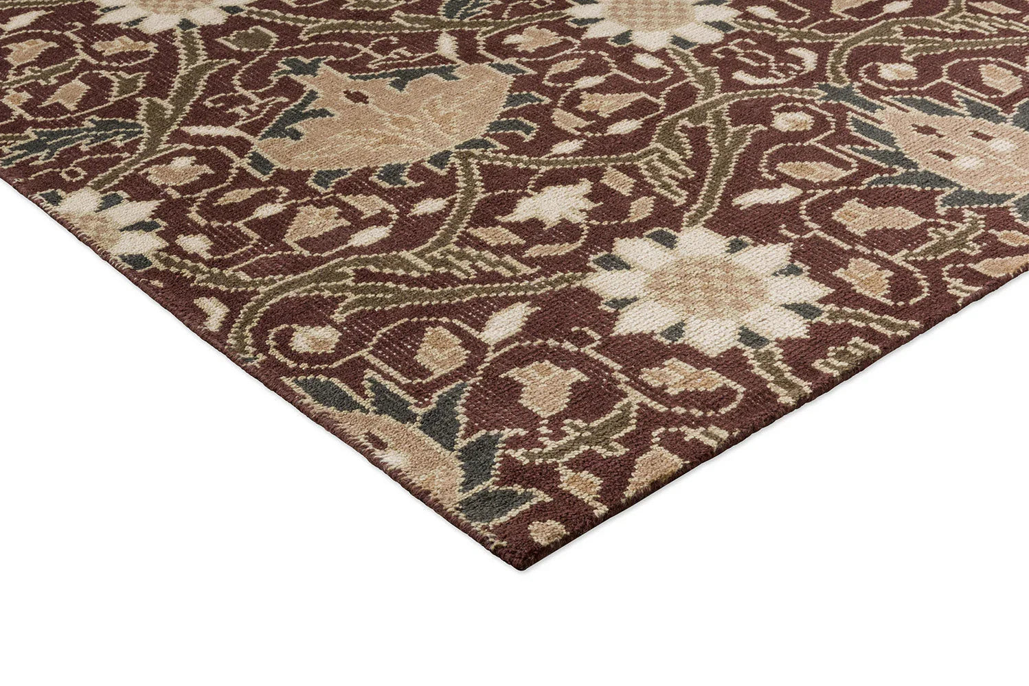 Morris & Co Montreal Russet Designer Rug featuring ornate botanical pattern in burgundy, cream, beige, taupe and grey on russet background, power-loomed wool