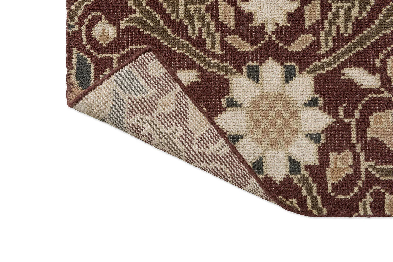 Morris & Co Montreal Russet rug featuring ornate damask pattern in russet, cream, beige, taupe and black on burgundy background, hand-tufted wool