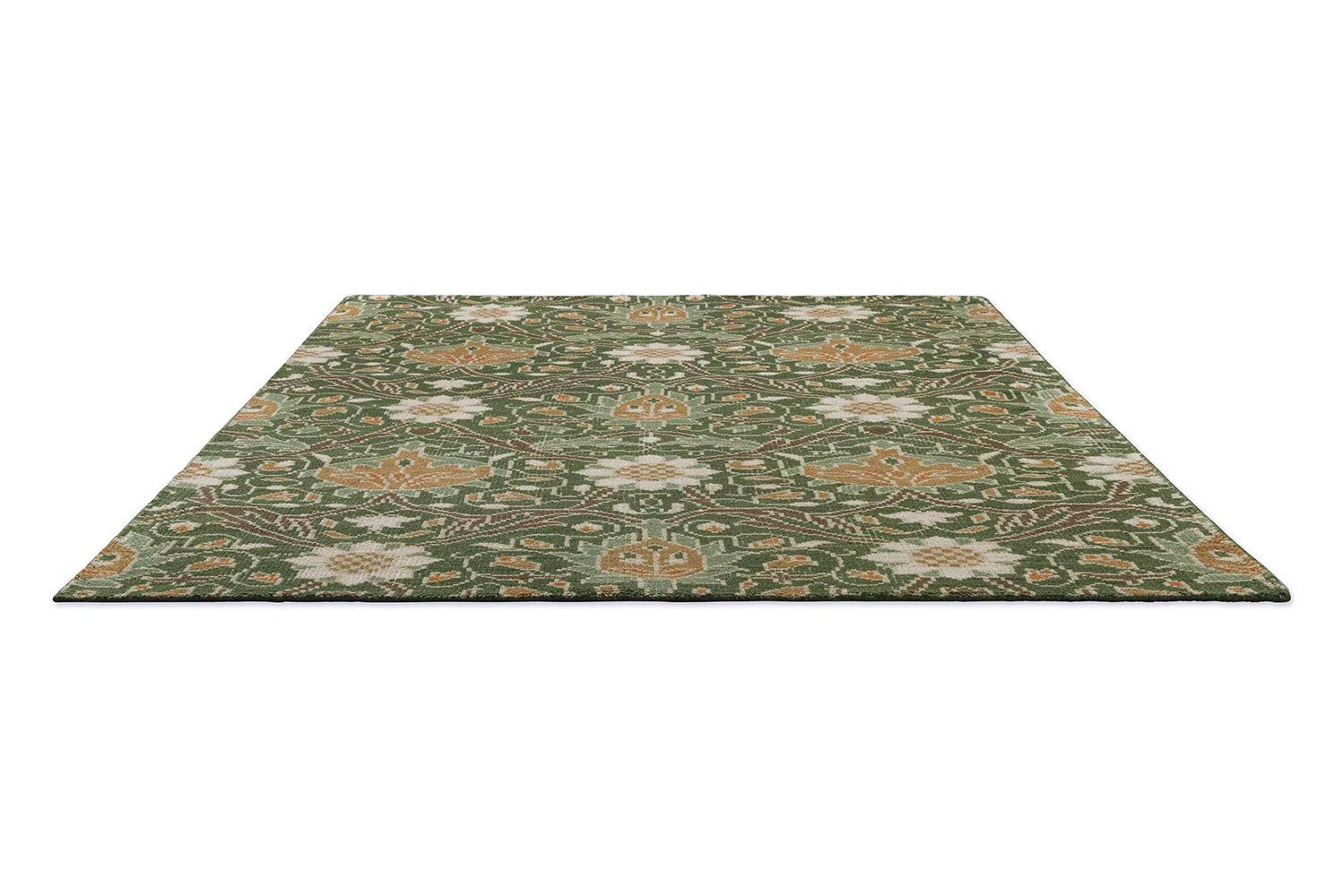 Montreal Forest rug by Morris & Co for Brink & Campman featuring botanical pattern in forest green, ivory and ochre on green background, machine-woven wool