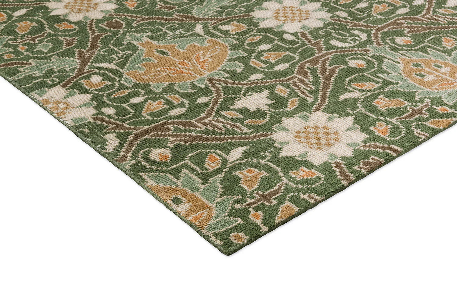 Morris & Co Montreal Forest Designer Rug featuring botanical floral pattern in forest green, olive, cream and tan on green background, hand-tufted wool