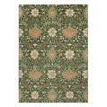 Morris and Co Montreal Forest hand-knotted wool rug featuring John Henry Dearle 1890s Persian-inspired design with oversized trailing flowers in terracotta, golden tan, and cream on deep forest green background
