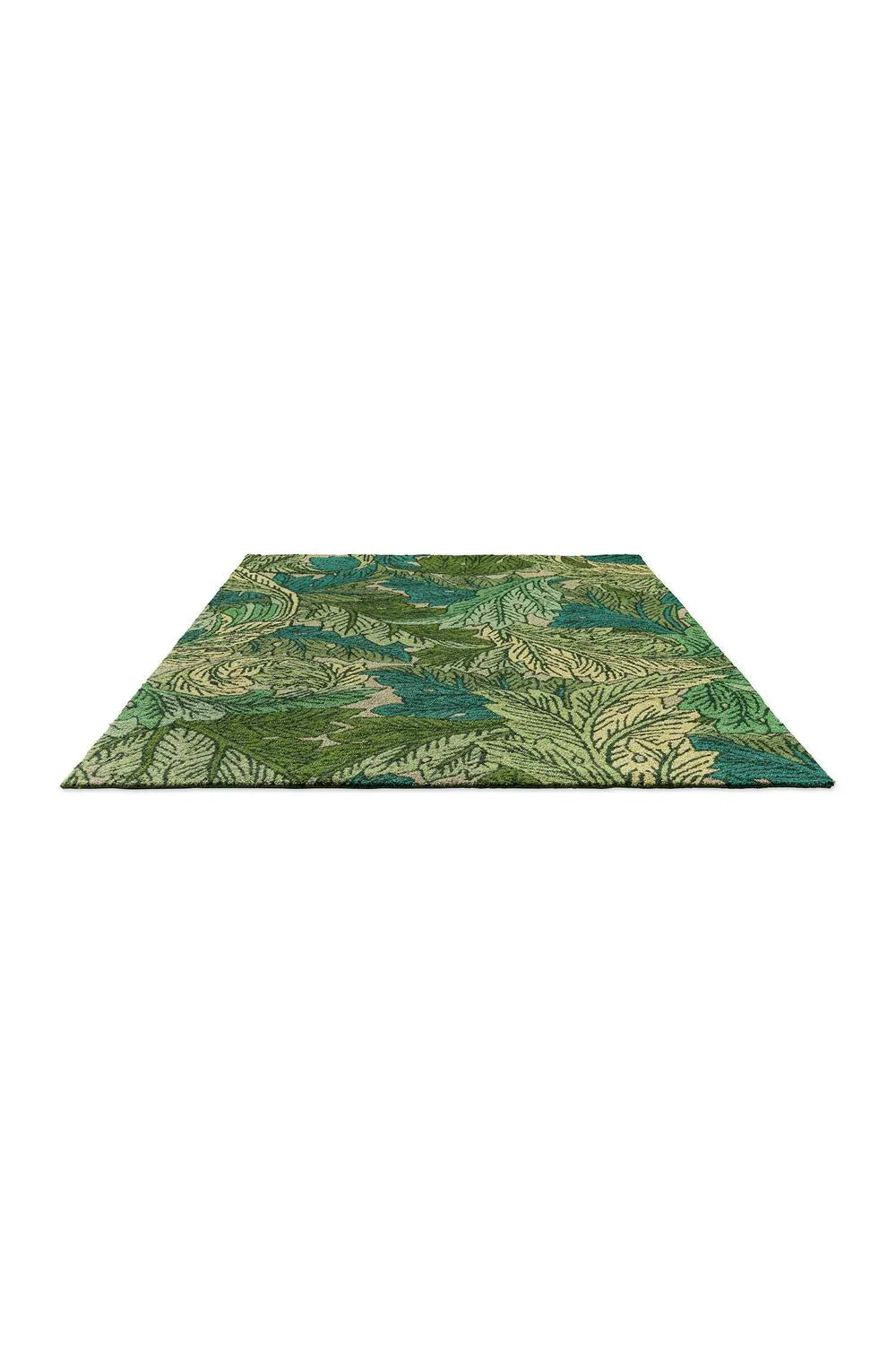 Morris & Co Acanthus Nettle outdoor rug featuring botanical leaf pattern in emerald green, teal and sky blue on pale background