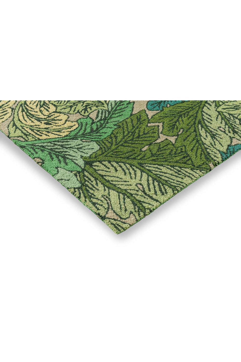 Morris & Co Acanthus Nettle Sky Blue Outdoor Rug featuring botanical leaves in emerald green, olive green and beige on pale background